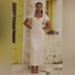 White Midi Dress with Red Polka Dots - Puff Sleeve Sweetheart Neckline